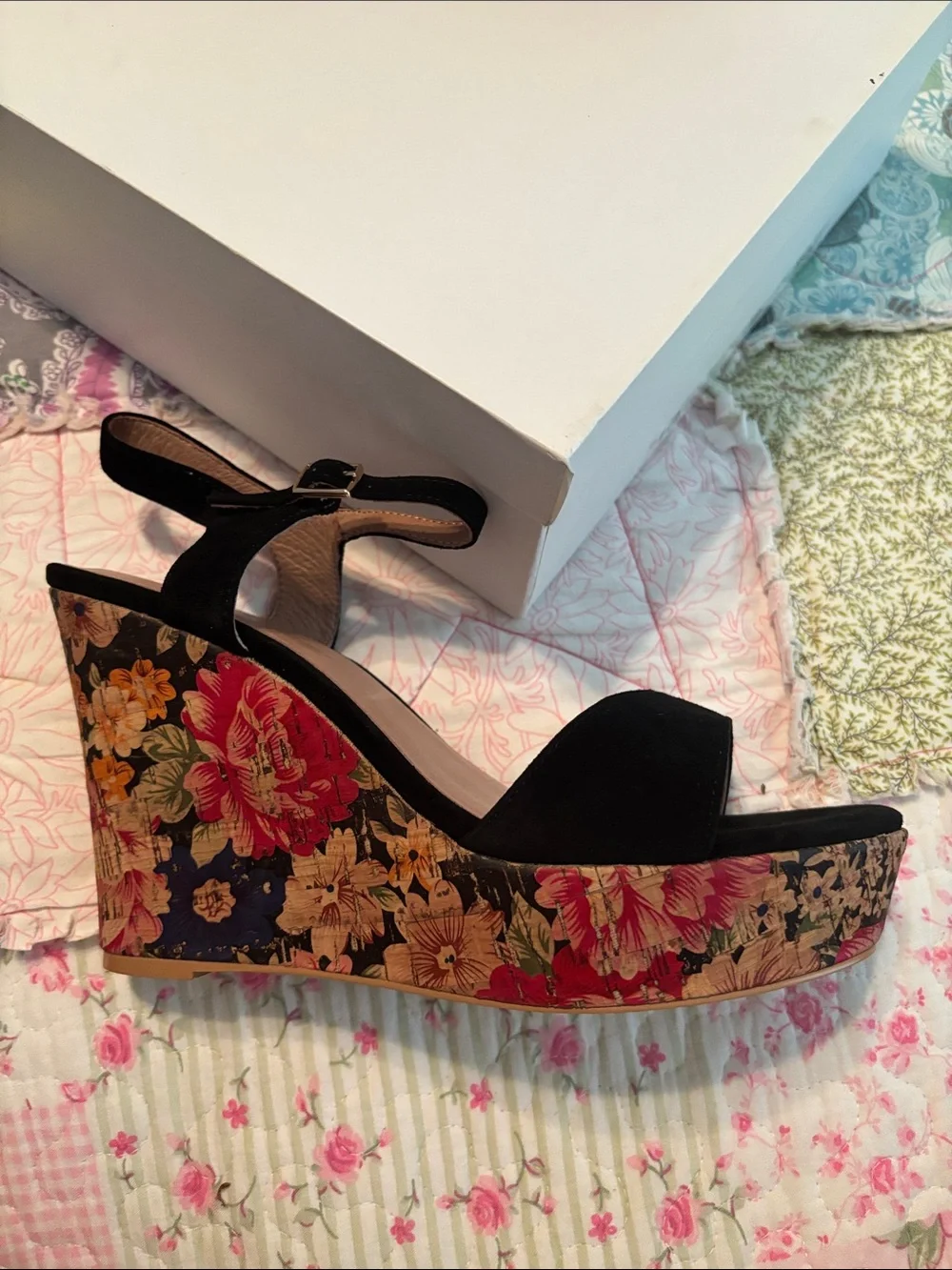 Anthropologie Black Suede Floral Cork-Style Platform Wedge Sandals